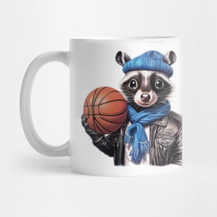 a skunk wearing a leather jacket  and a hat holding a basketball ball Mug